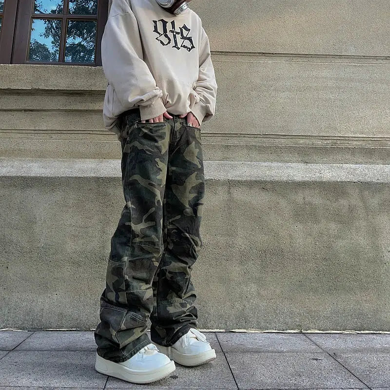 Washed Camouflage Straight Pants