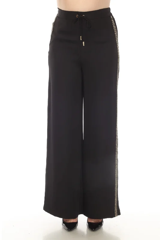 Joseph Ribkoff Black Side Stripe Drawstring Pull On Wide-Leg Pants 234073