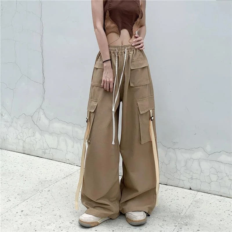 Tie Waist Strap Pocket Loose Pants