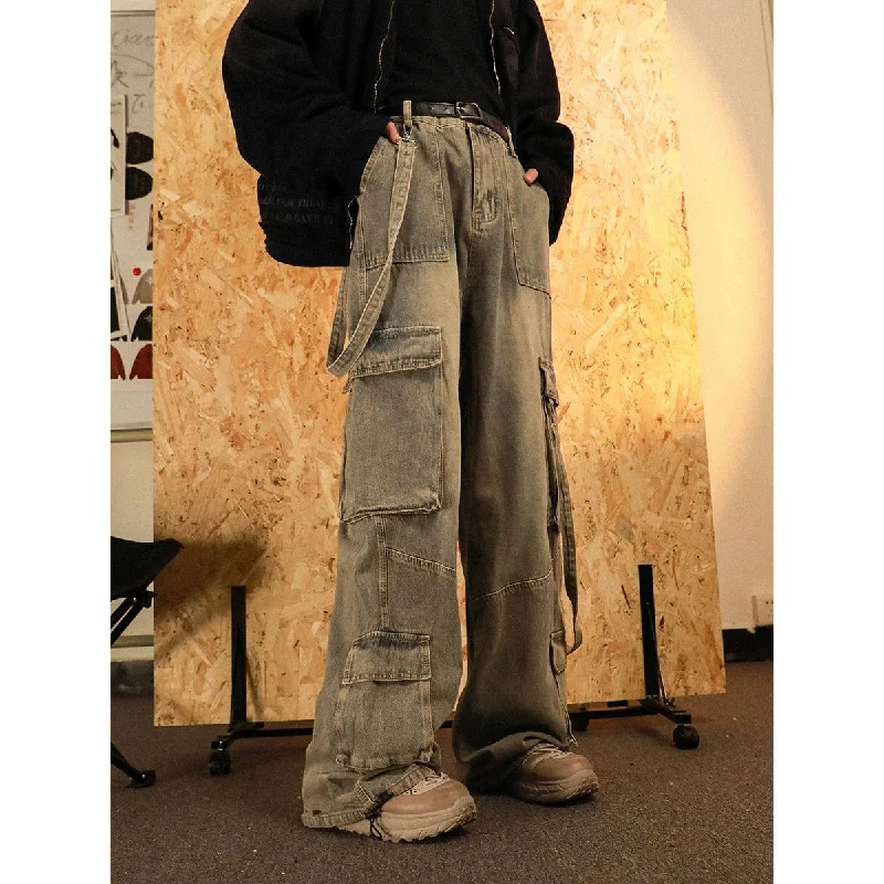 Wash Fade Strap Cargo Jeans