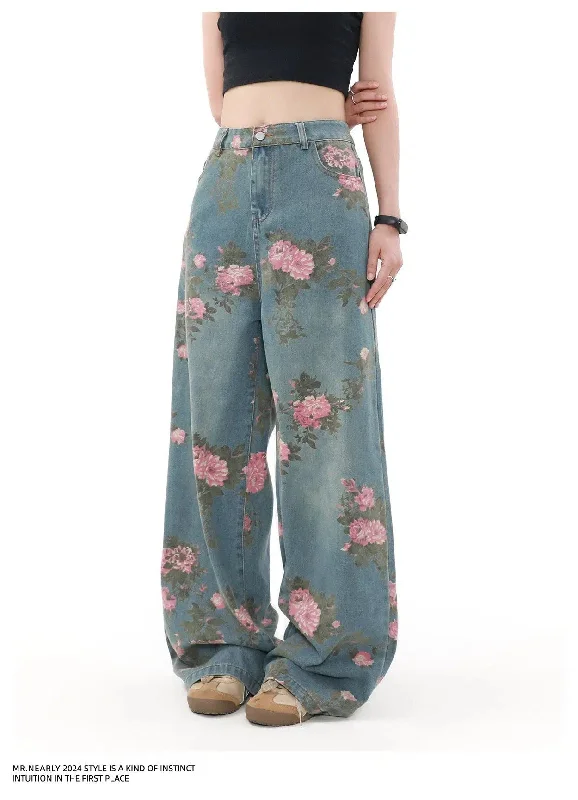 Washed Floral Full-Print Jeans