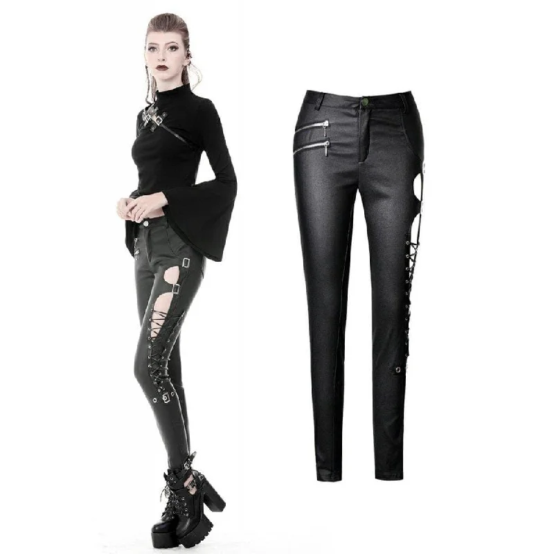 Women's Punk Sexy Hollow Thigh Asymmetrical PU Trousers