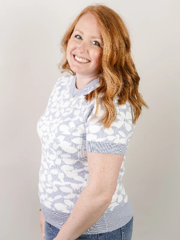 Baby Blue Floral Short Sleeve Sweater