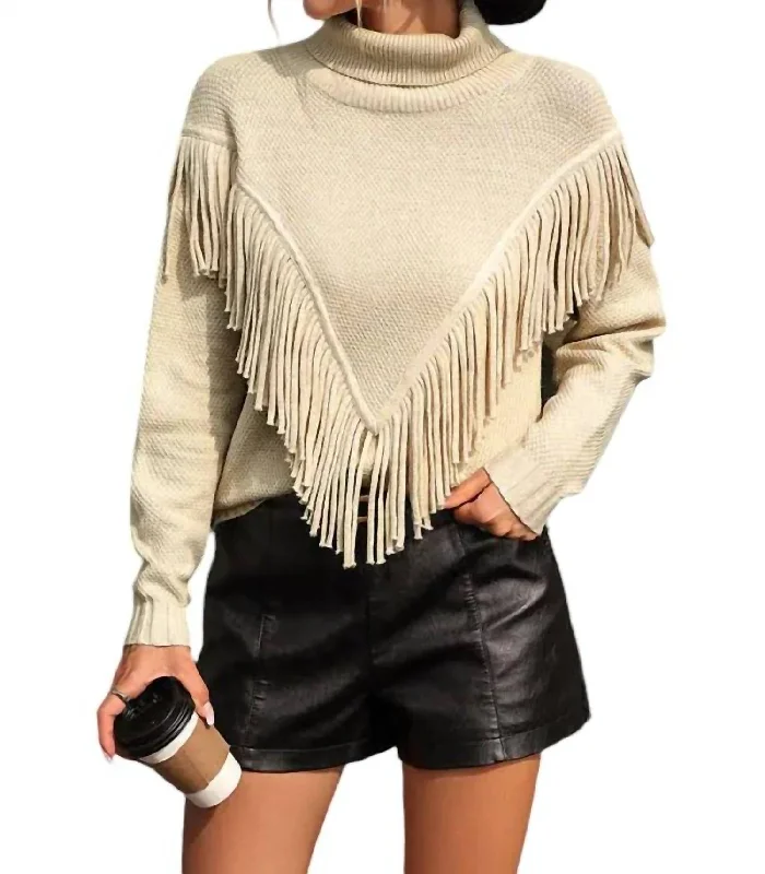 Cowgirl Fringe Turtleneck Sweater In Cream