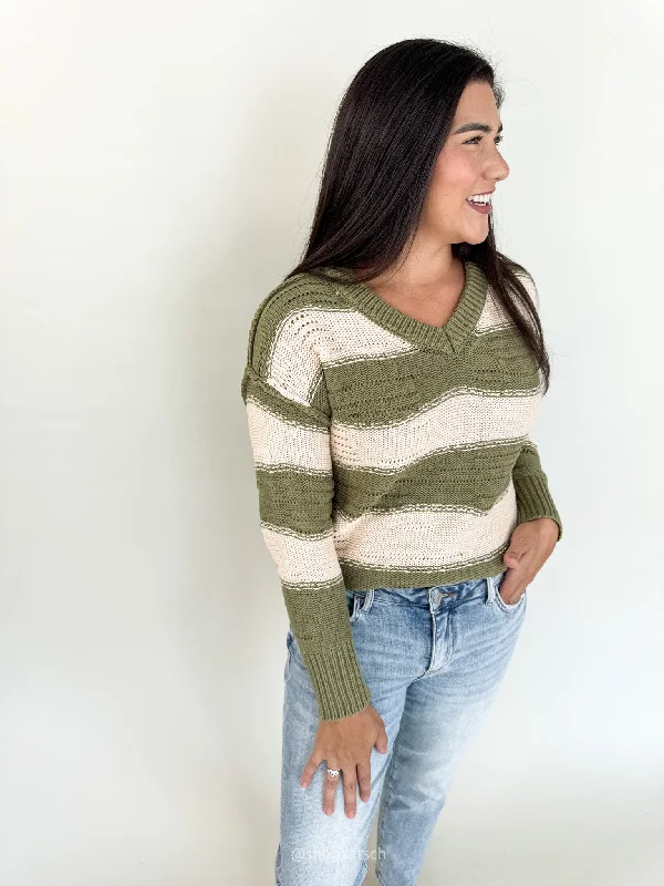 Lizzie Distressed Olive Striped Sweater