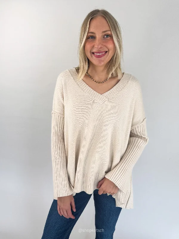 Inaya Almond Ribbed Sleeve Sweater