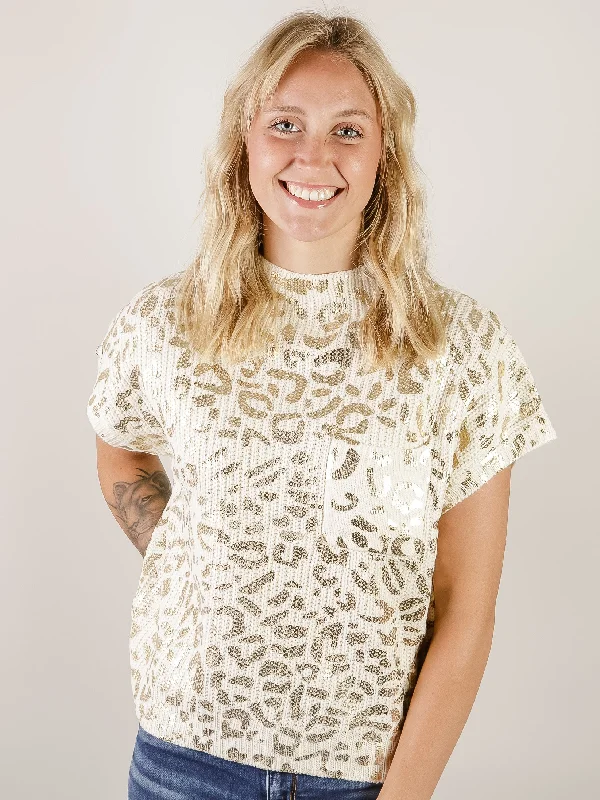 Ivory Short Sleeve Sweater with Gold Leopard