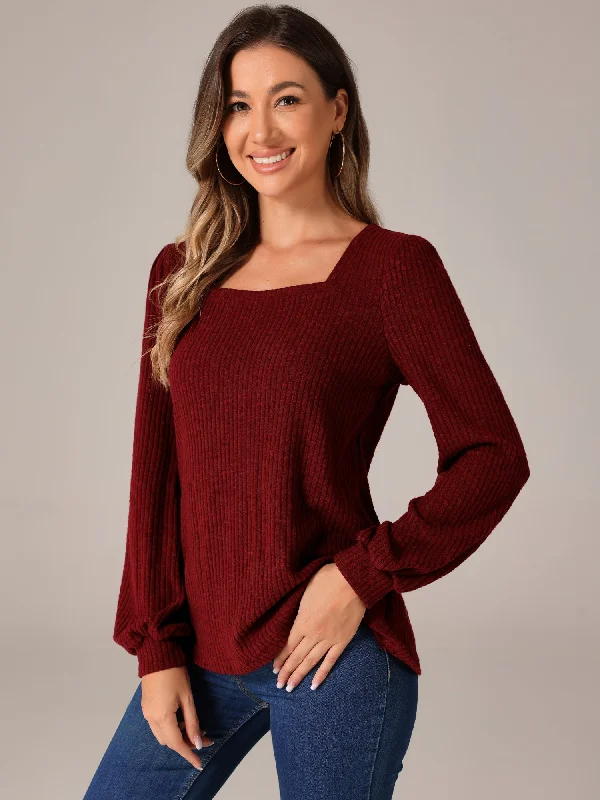 Square Neck Ribbed Knit Basic Casual Long Sleeve Sweater