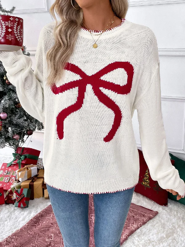 Loose Long Sleeve Round Neck Christmas Bow Sweater