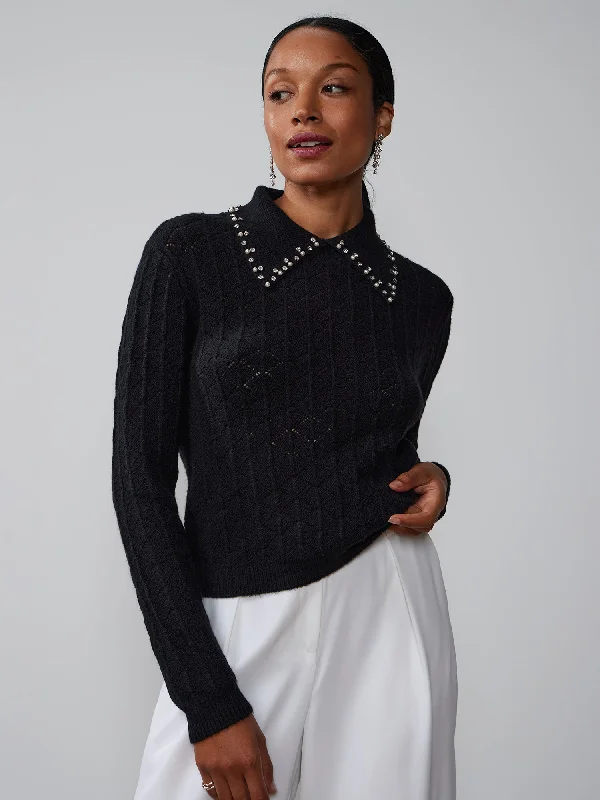 Rhinestone Trim Collar Sweater