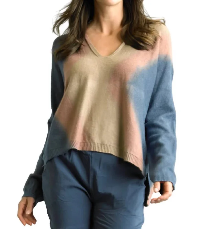 Tie Dye High Low Sweater In Denim/khaki