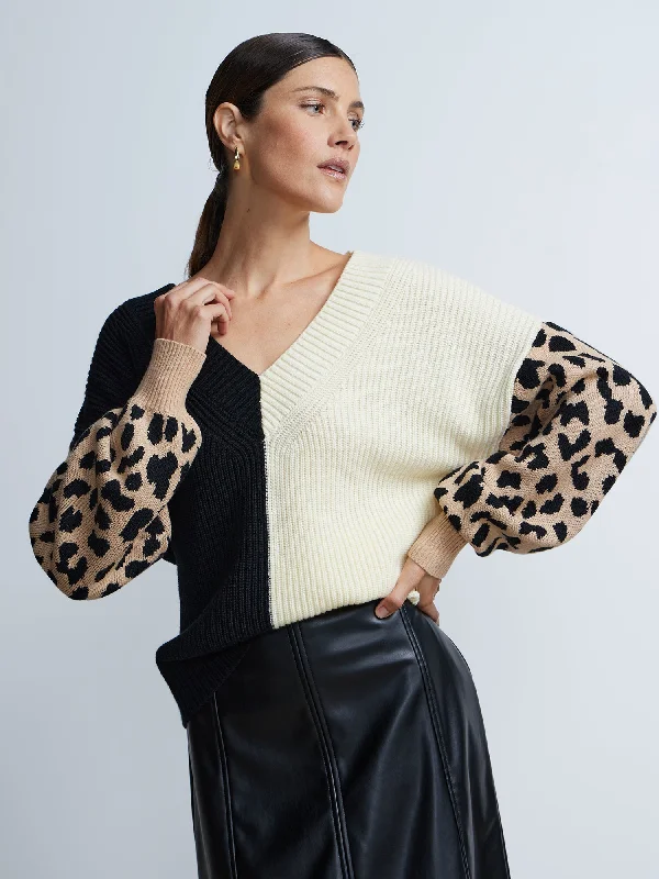 V-Neck Animal Print Sleeve Sweater