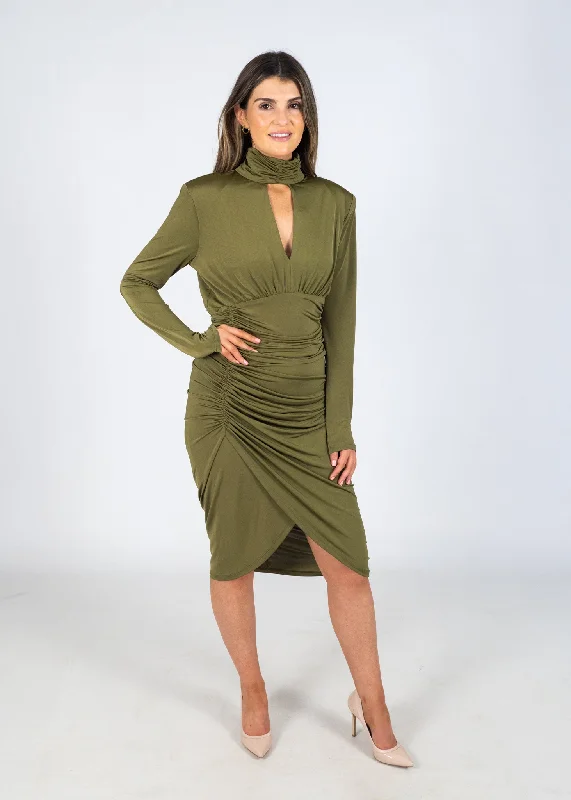 Access Pesto Green Midi Dress With Gathering