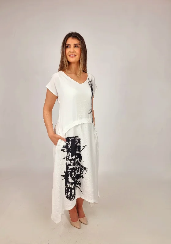 Naya White Dress With Placement Print Skirt