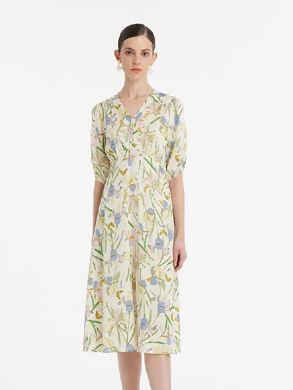 19 Momme Mulberry Silk Iris Print V-Neck Women Midi Dress With Sleep Mask And Scrunchie