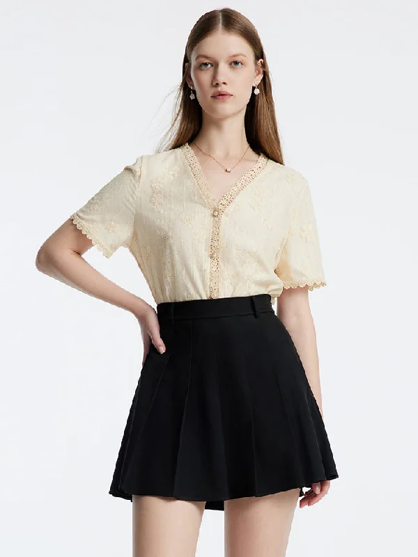 Embroidered Mesh Short Sleeve Women Blouse