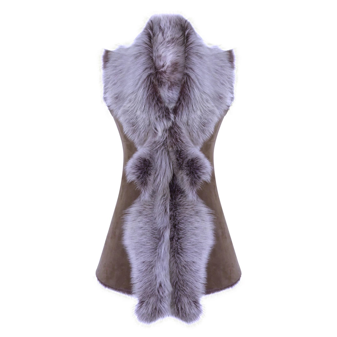 Women's Spanish Shearling Sheepskin Toscana Taupe Long Waistcoat Gilet