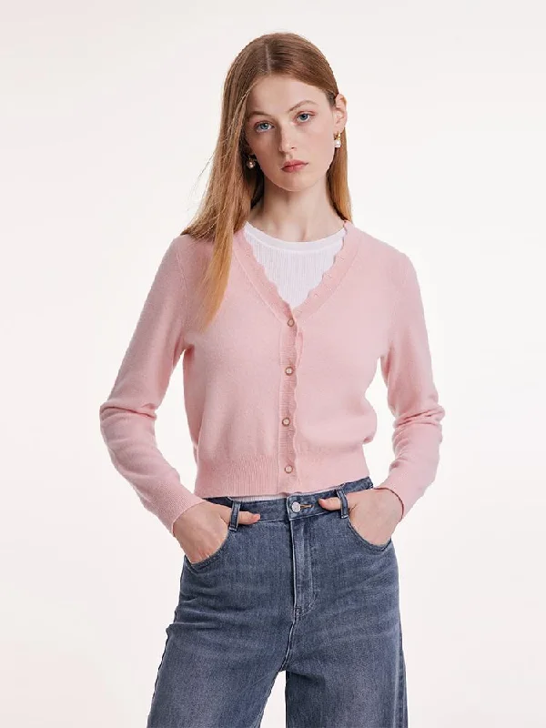 Pink Wool Knit Wavy Front Closure Lady Cardigan