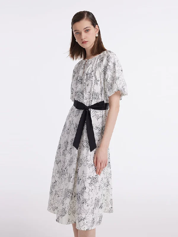 Puff Sleeves Iris Print Women Midi Dress With Belts