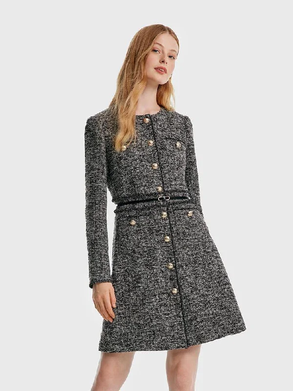 Round Neck Tweed Dress With Belt