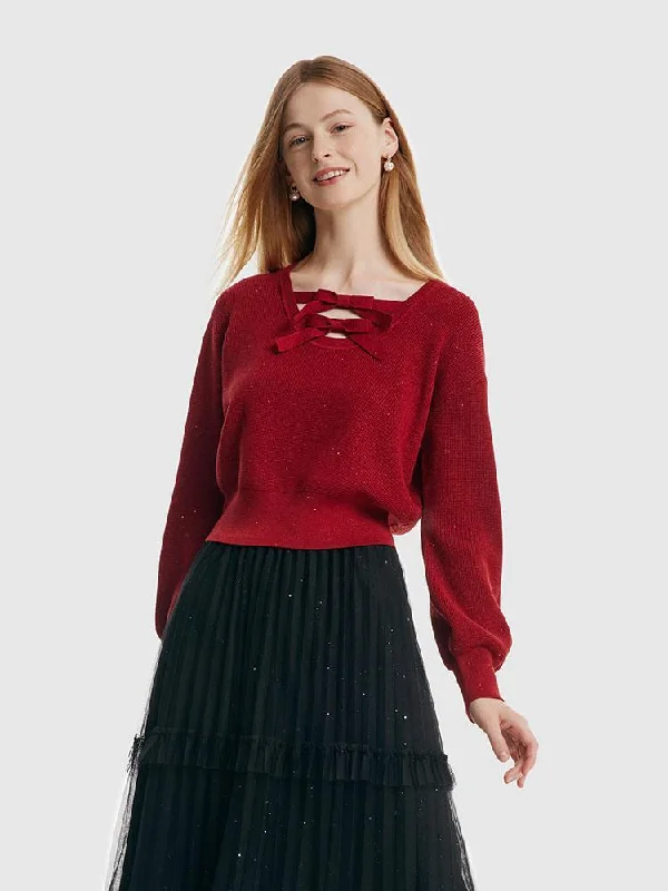 Tencel And Woolen Puff Sleeve Bowknots Women Sweater