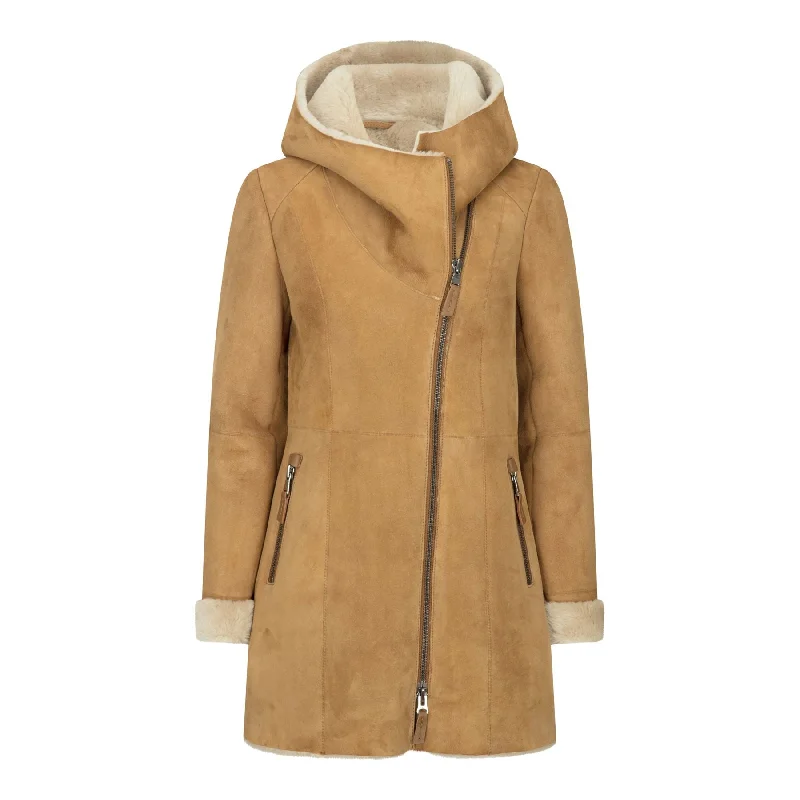 Women's 3/4 Mid Length Sheepskin Camel Cream Toscana Suede Hood Coat