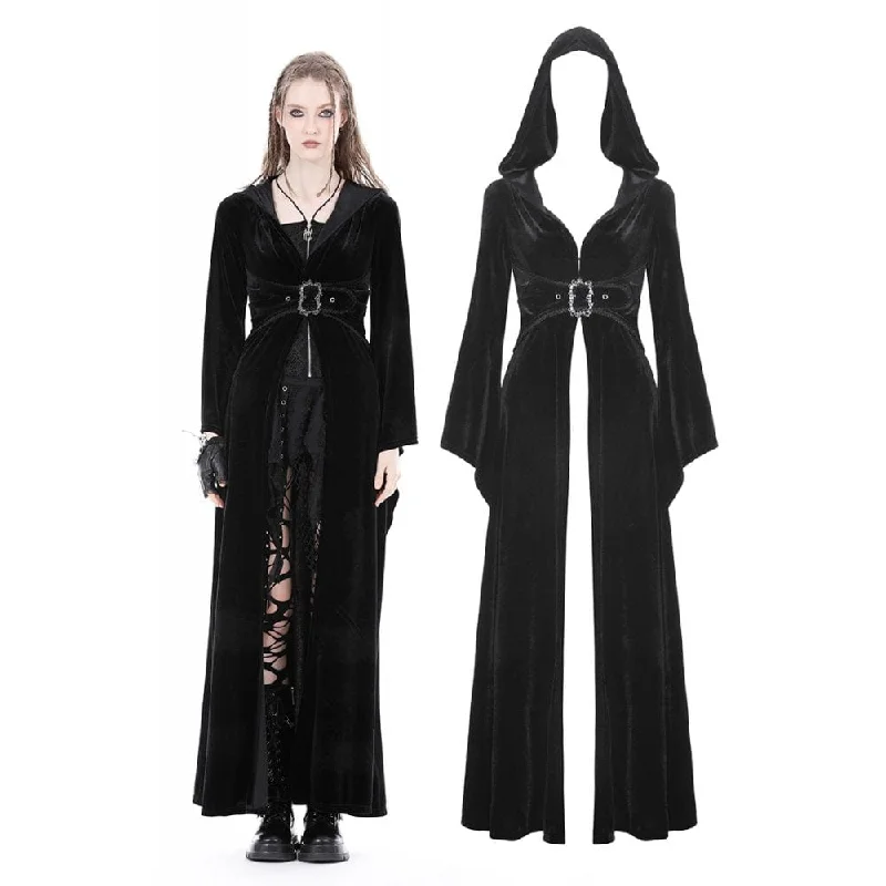 Women's Gothic Flared Sleeved Buckle Velvet Coat with Hood