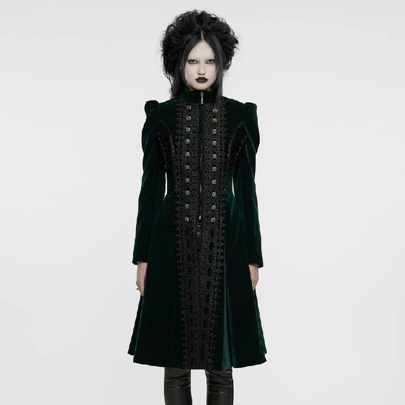 Women's Gothic Puff Sleeved Floral Embroidered Coat Green