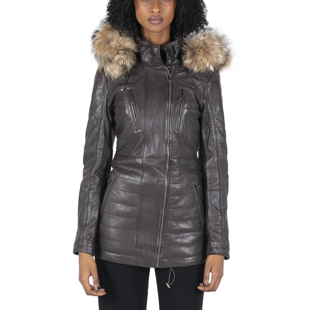 Women's Leather Parka Jacket 3/4 Fur Hood Zipped Brown Tan Grey