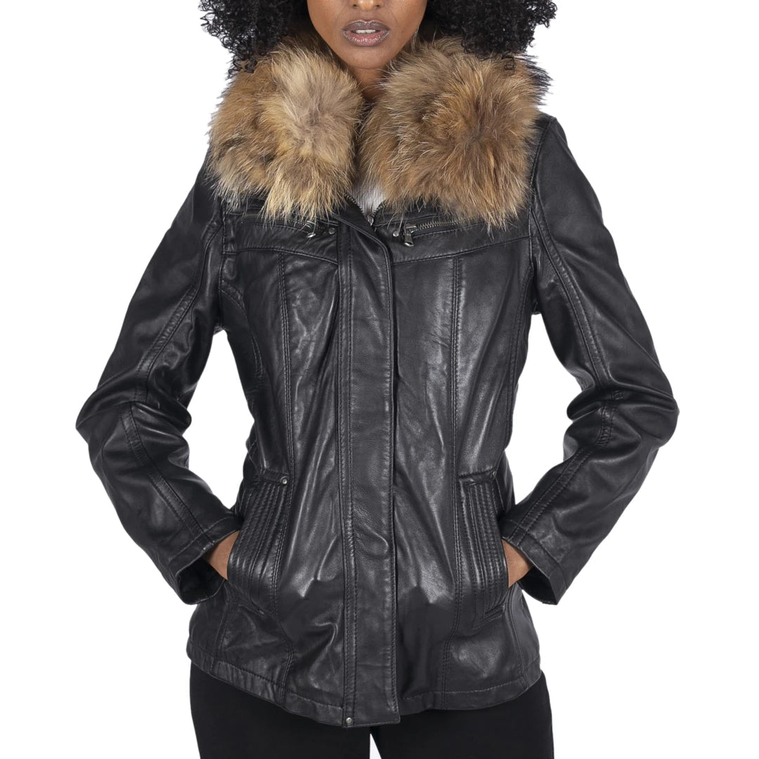 Women's Leather Short Parka Jacket Coat Fur Hood Zipped Brown Tan Black