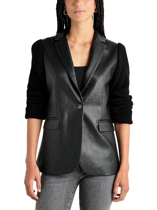 Adina Womens Faux Leather Mixed Media One-Button Blazer