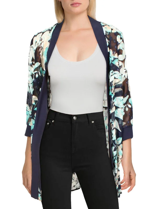 Petites Womens Chiffon Floral Duster Blazer