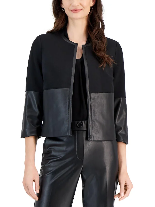 Petites Womens Faux Leather Embossed Open-Front Blazer