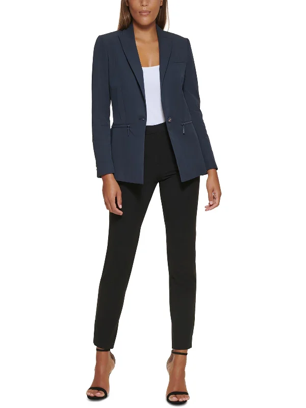 Petites Womens Solid Cotton One-Button Blazer