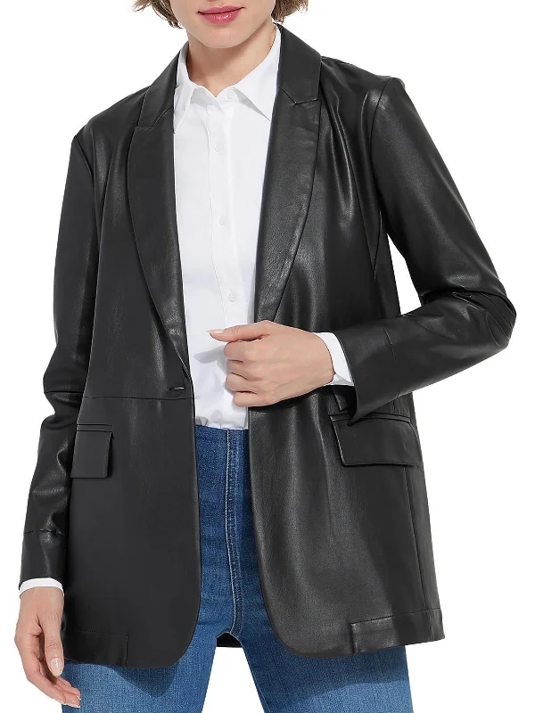 Womens Faux Leather Collar One-Button Blazer