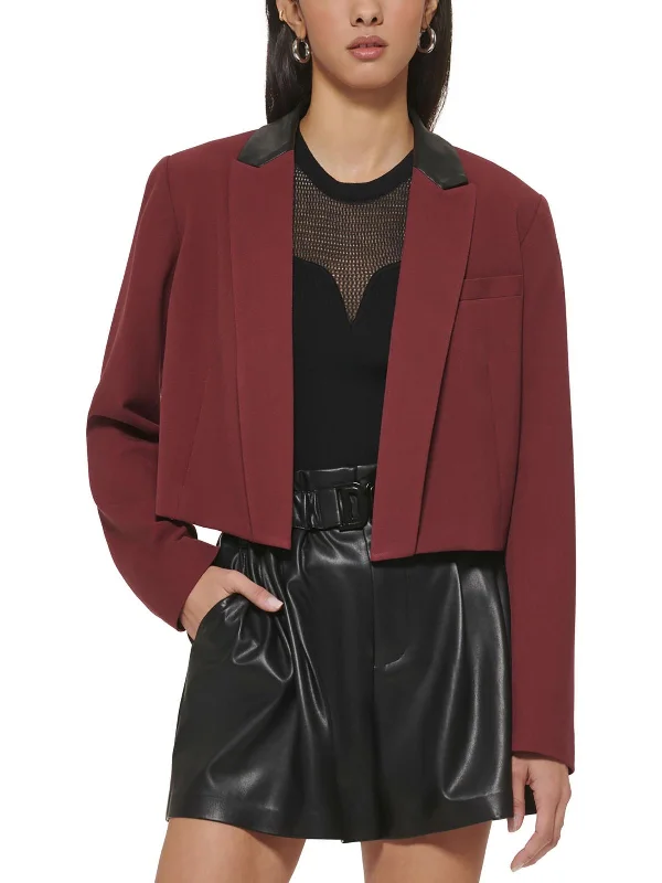 Womens Faux Leather Trim Crop Open-Front Blazer