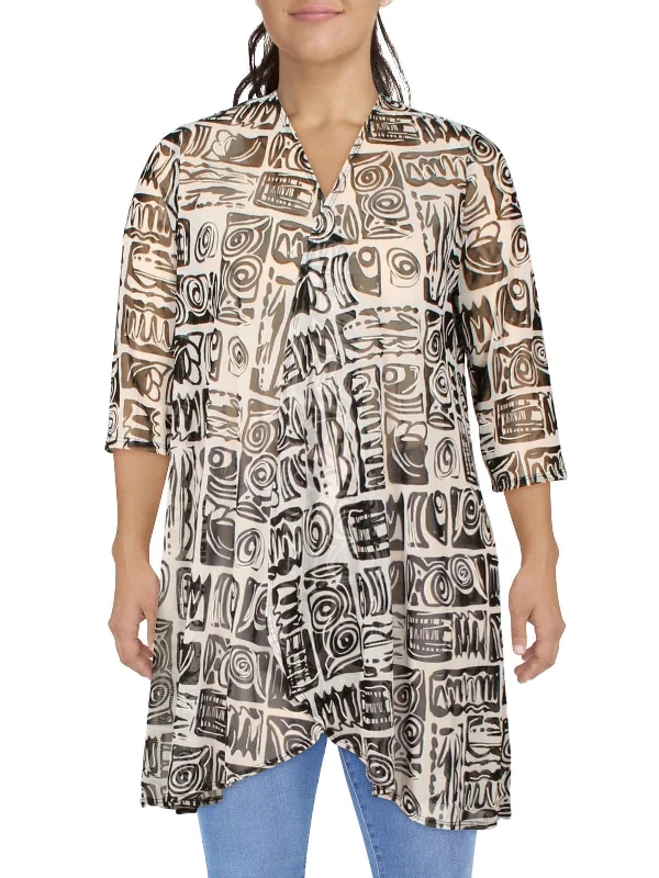 Womens Mesh Printed Duster Blazer