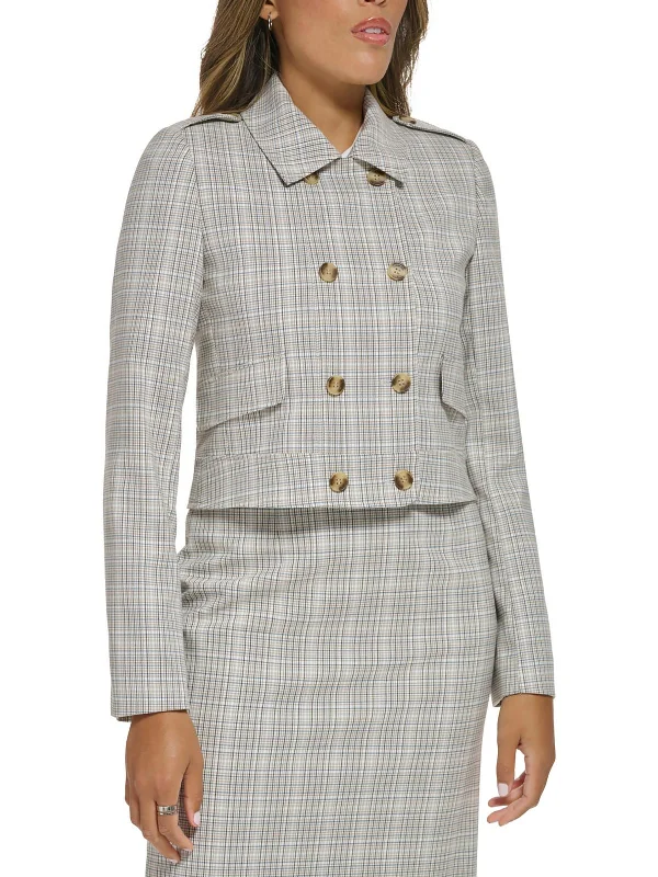 Womens Plaid Cropped Double-Breasted Blazer