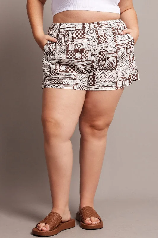 Beige Abstract Relaxed Shorts High Rise