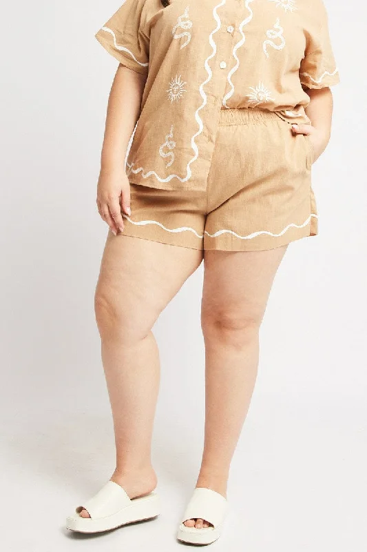 Beige Elastic Waist Pull On Shorts