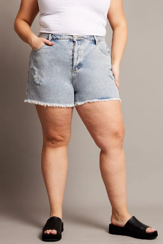 Denim Relaxed Shorts High Rise Distressed Hem