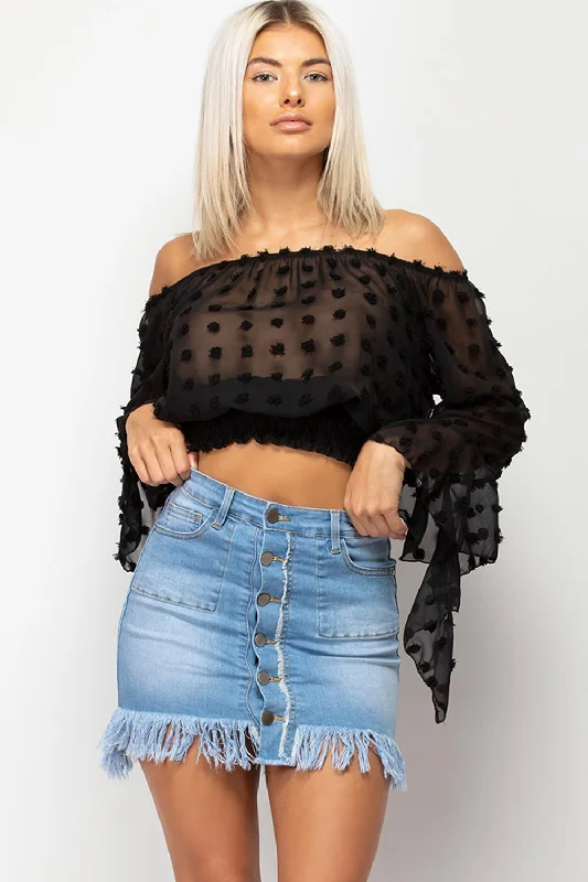 Black Polka Dot Chiffon Bardot Crop Blouse