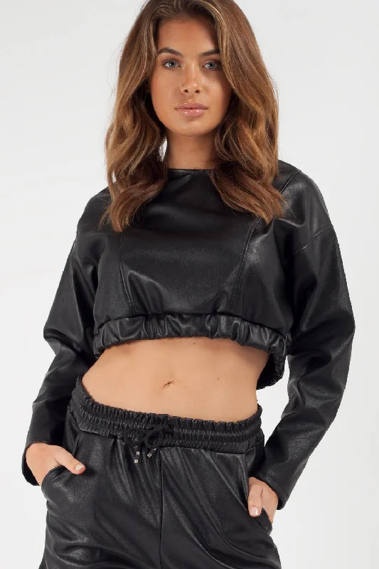 Black PU Long Sleeve Crop Top