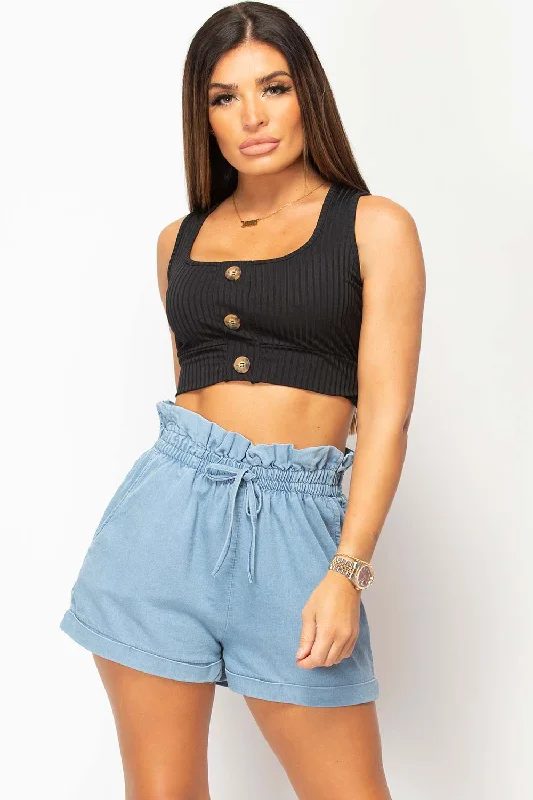 Black Ribbed Button Front Crop Top