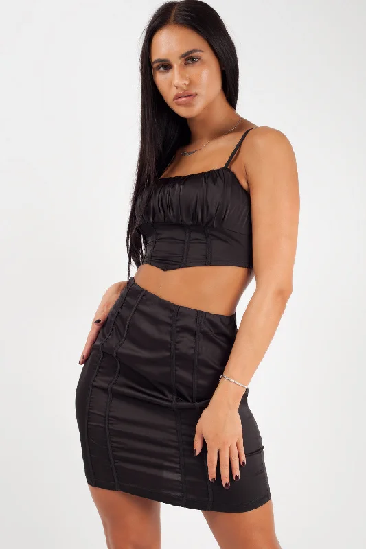 Black Satin Crop Top Mini Skirt Co-Ord Set Party Outfit