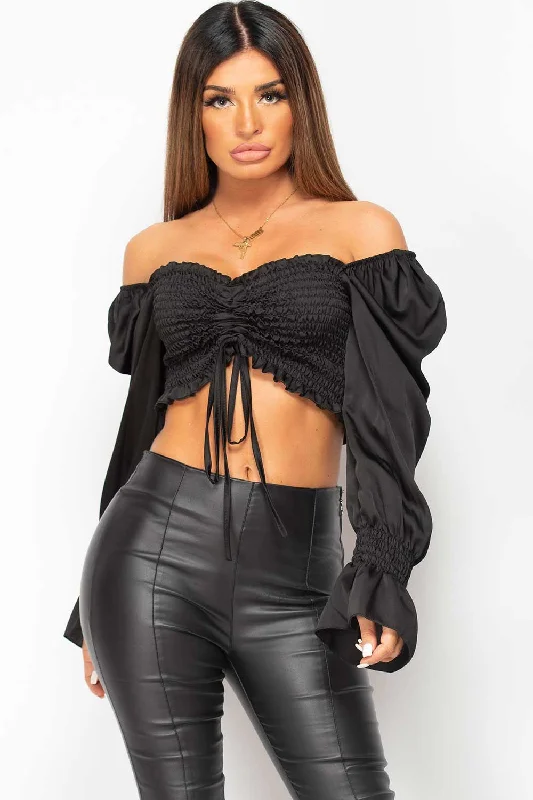 Black Satin Ruched Front Crop Top