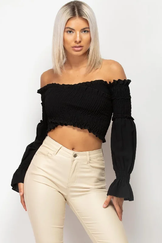 Black Wrap Over Bardot Crop Top