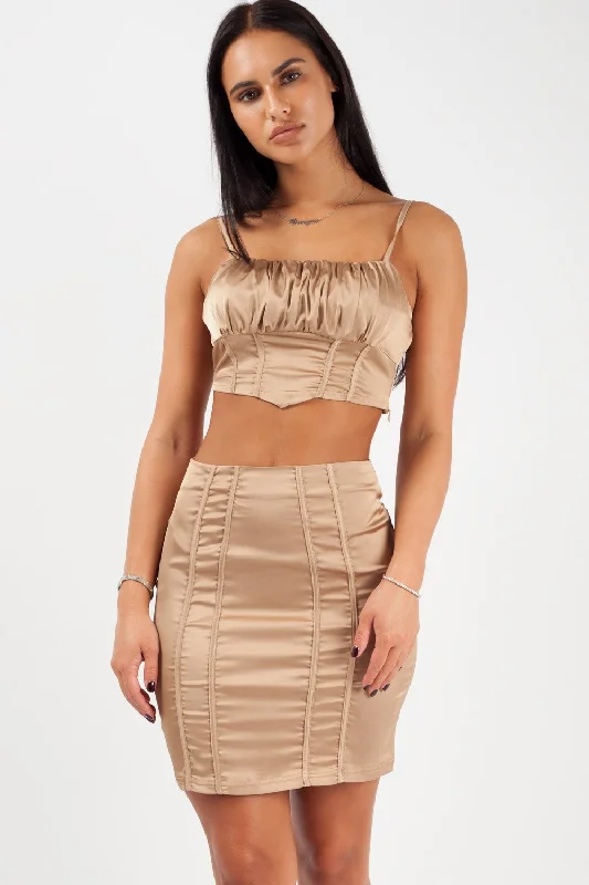 Gold Satin Crop Top Mini Skirt Co-Ord Set Party Outfit