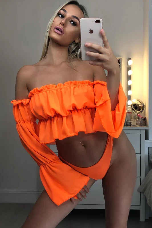 Neon Orange Ruffle Bardot Flared Sleeve Crop Top