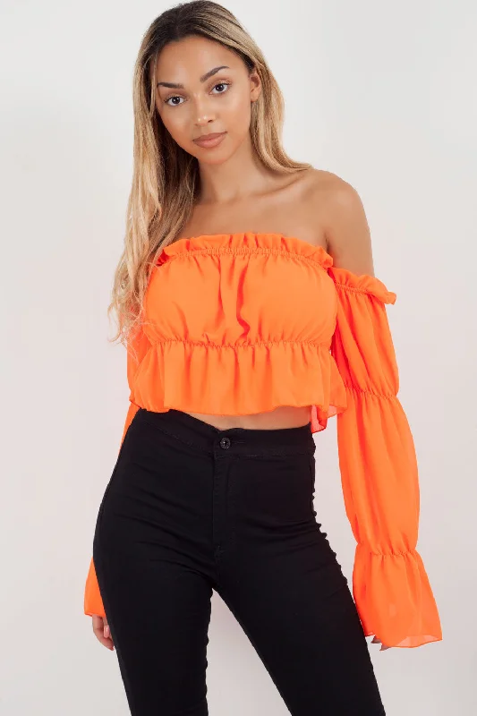 Neon Orange Ruffle Off shoulder Crop Top